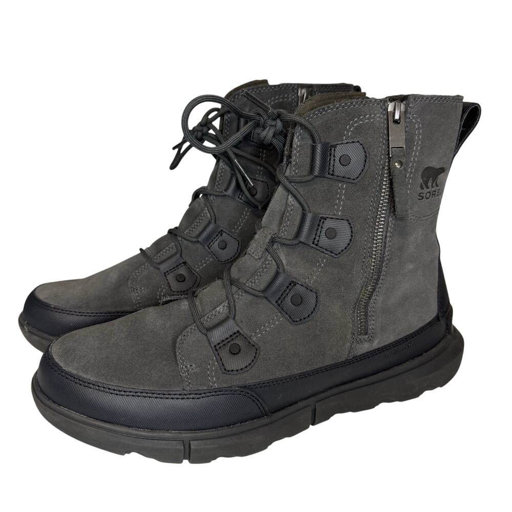 Sorel Explorer Waterproof Boots Mens Size 11.5 Lace Up Gray Suede Side Zip READ